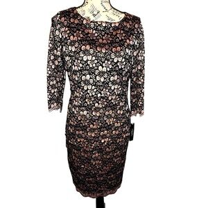 Tahari ASL Floral Lace Tiered 3/4 Sleeve Party Dress Black Rose Gold Size 6 NWT